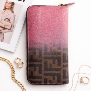Fendi Pink Gradient Zip Wallet with Brown Monogram